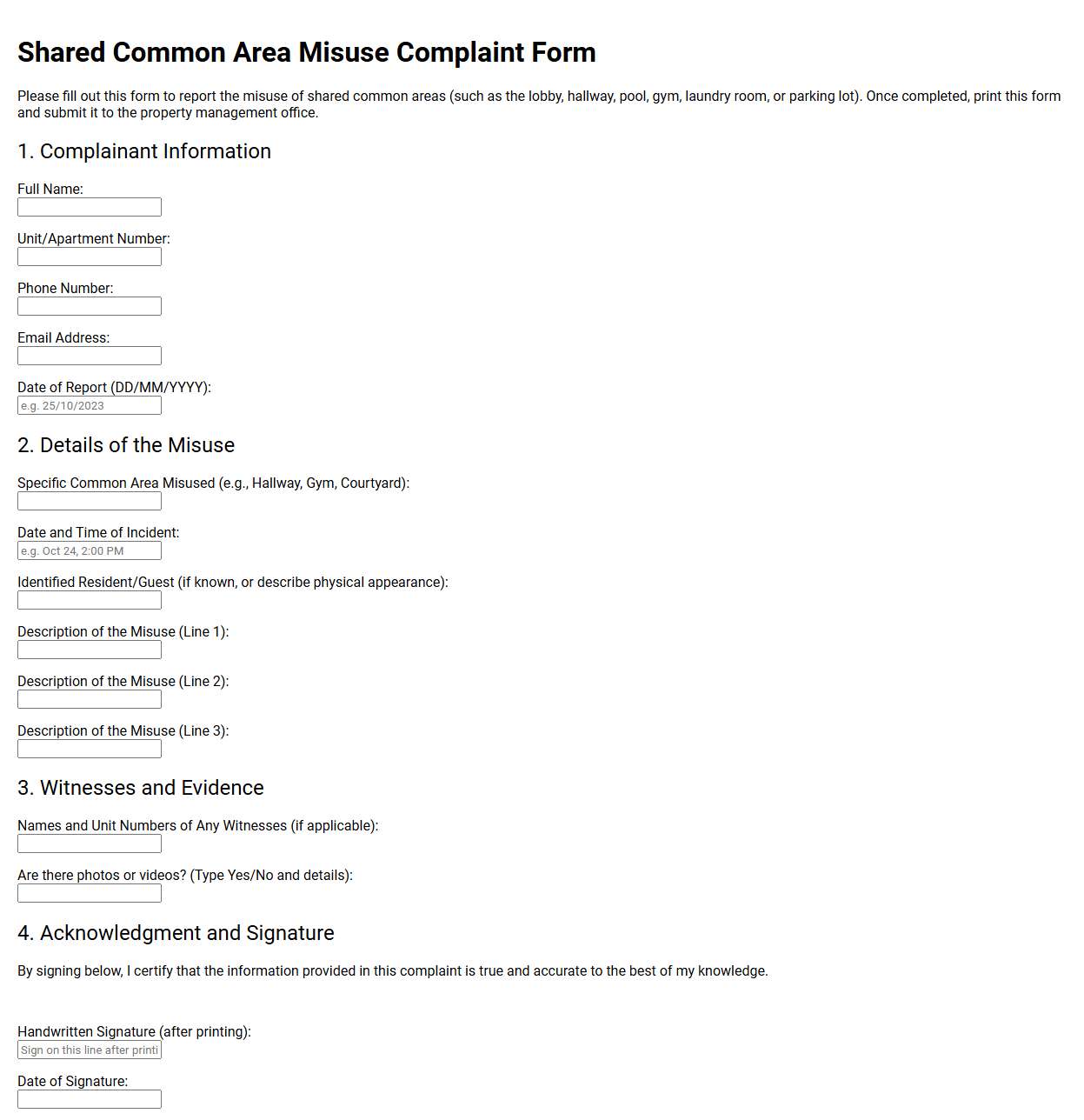 Shared Common Area Misuse Complaint Form