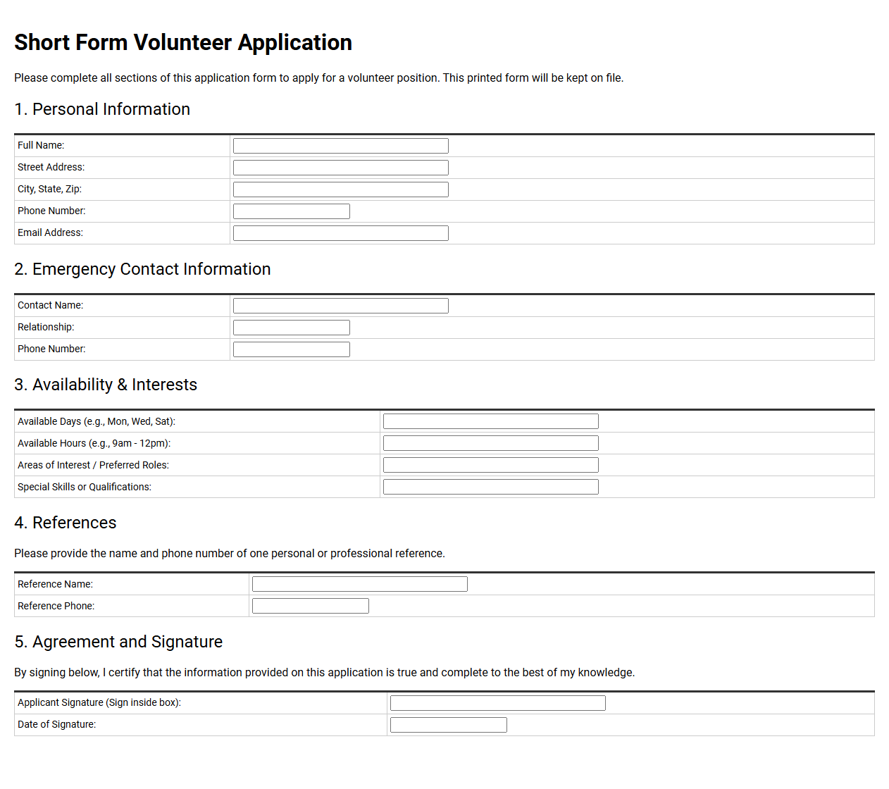 Short Form Volunteer Application Template