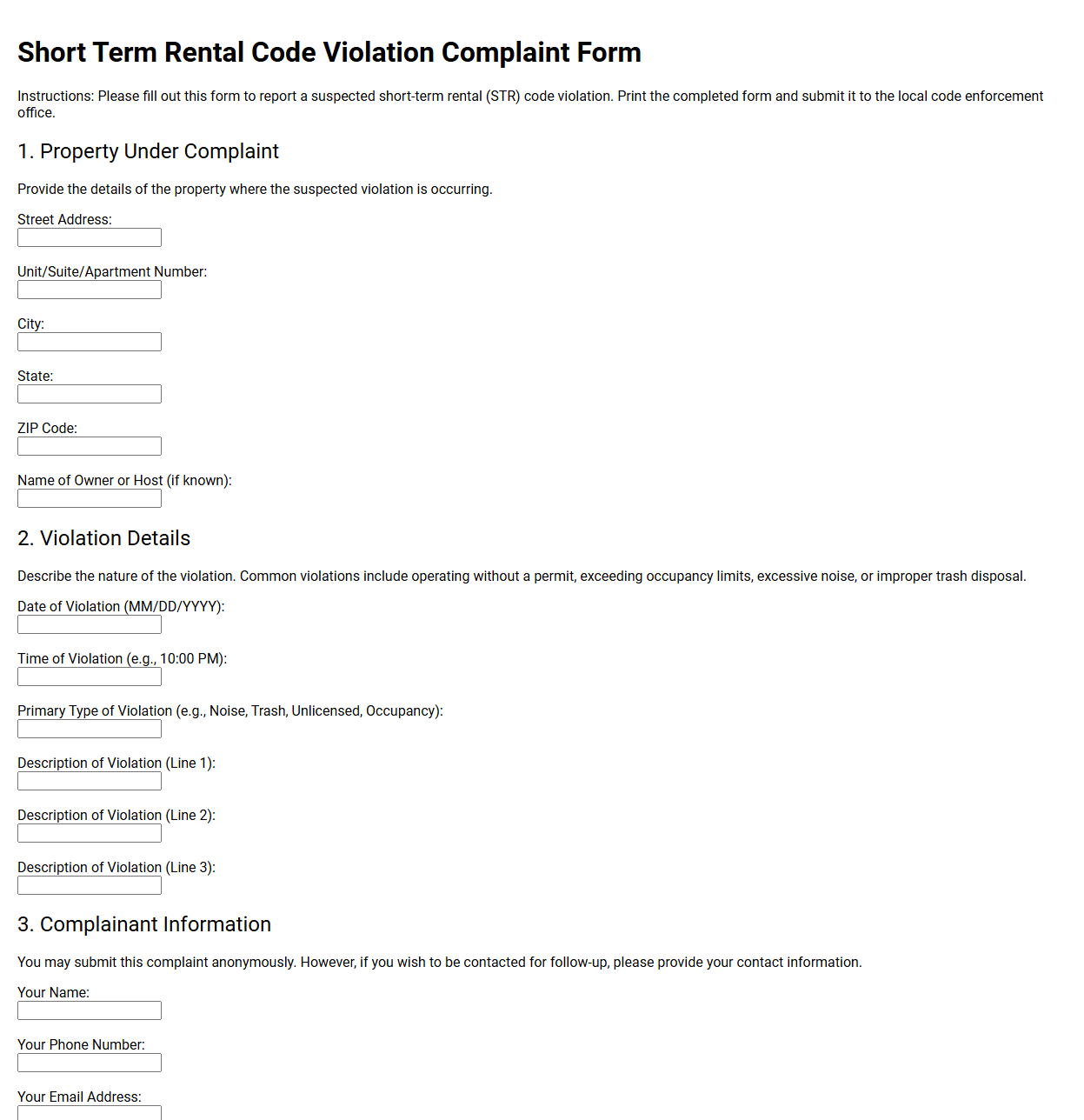 Short Term Rental Code Violation Complaint Form