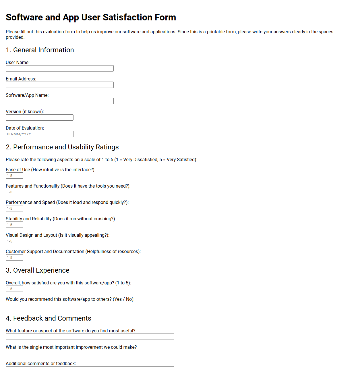 Software and App User Satisfaction Form