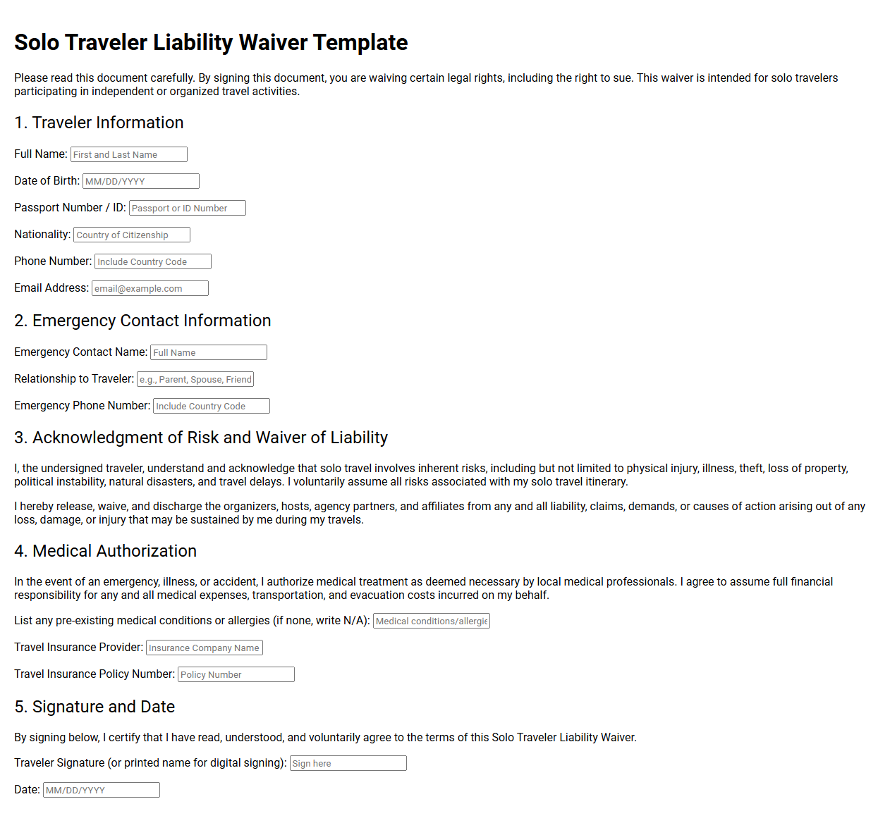 Solo Traveler Liability Waiver Template