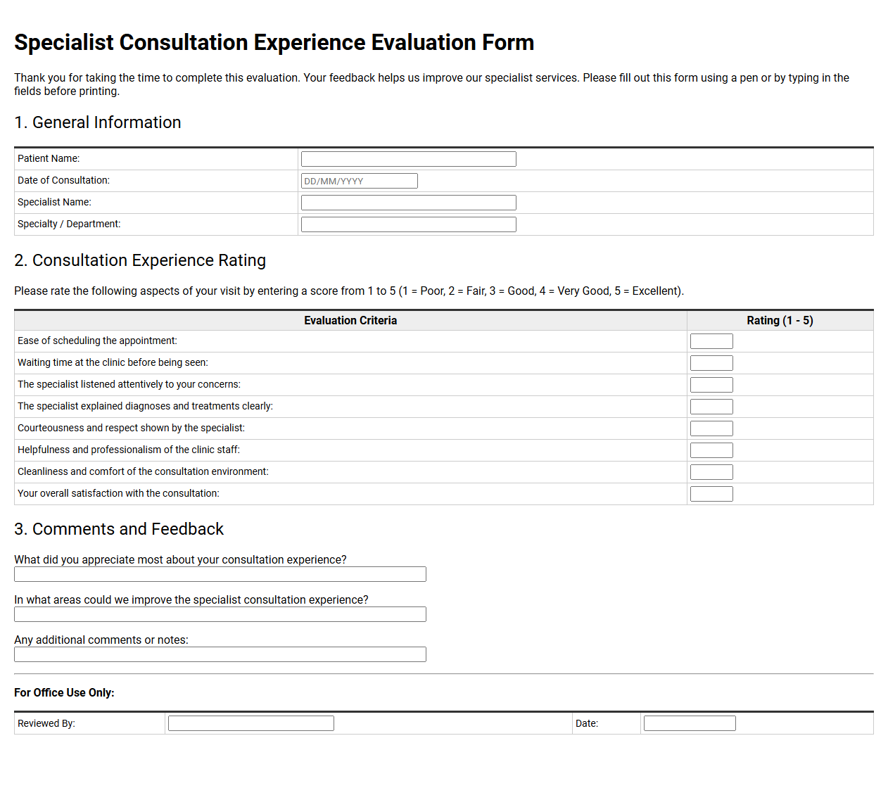 Specialist Consultation Experience Evaluation Form
