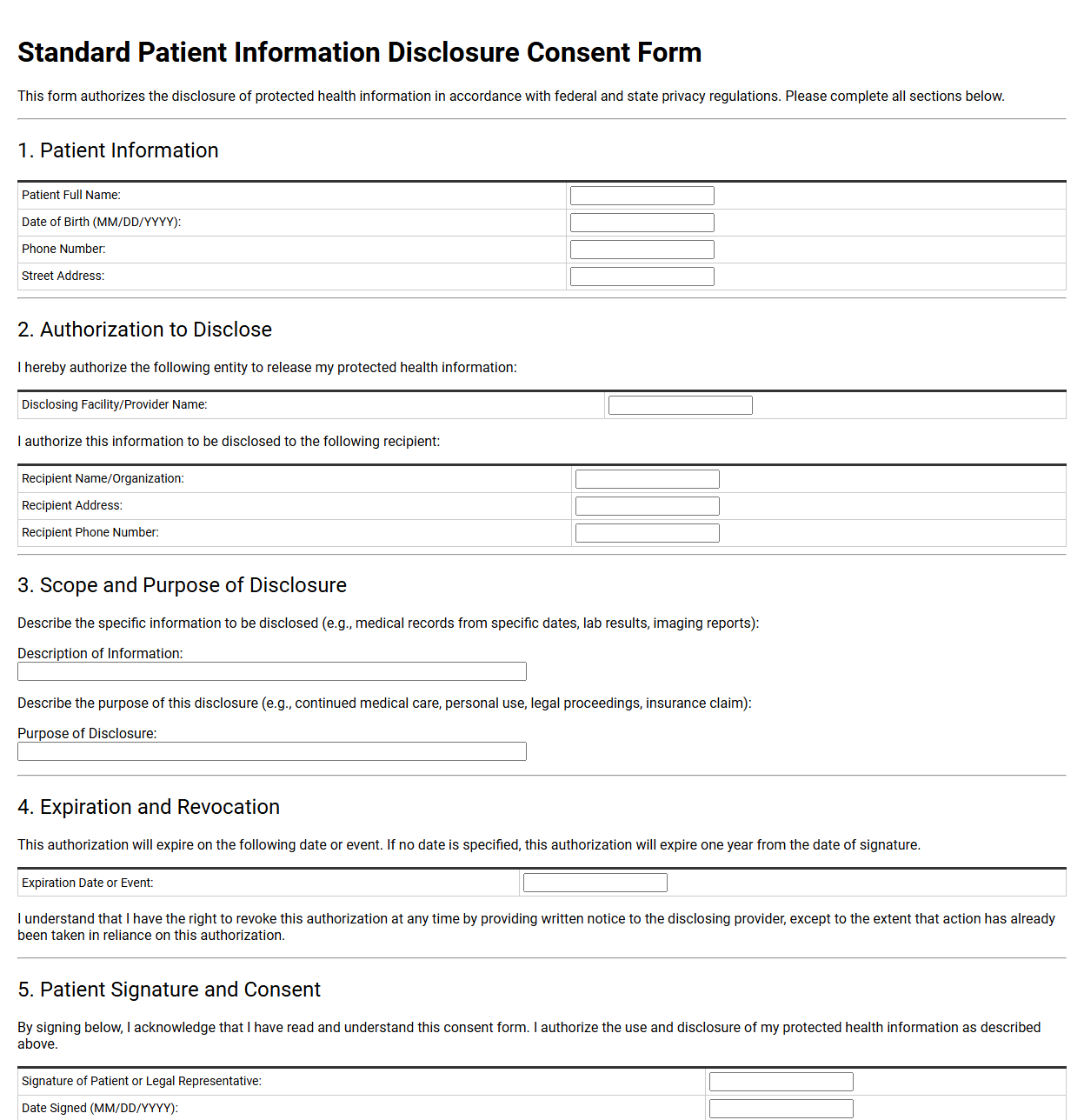 Standard Patient Information Disclosure Consent Form