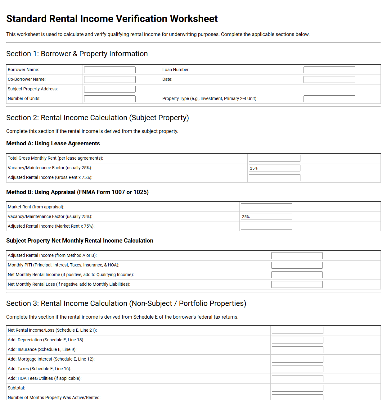 Standard Rental Income Verification Worksheet