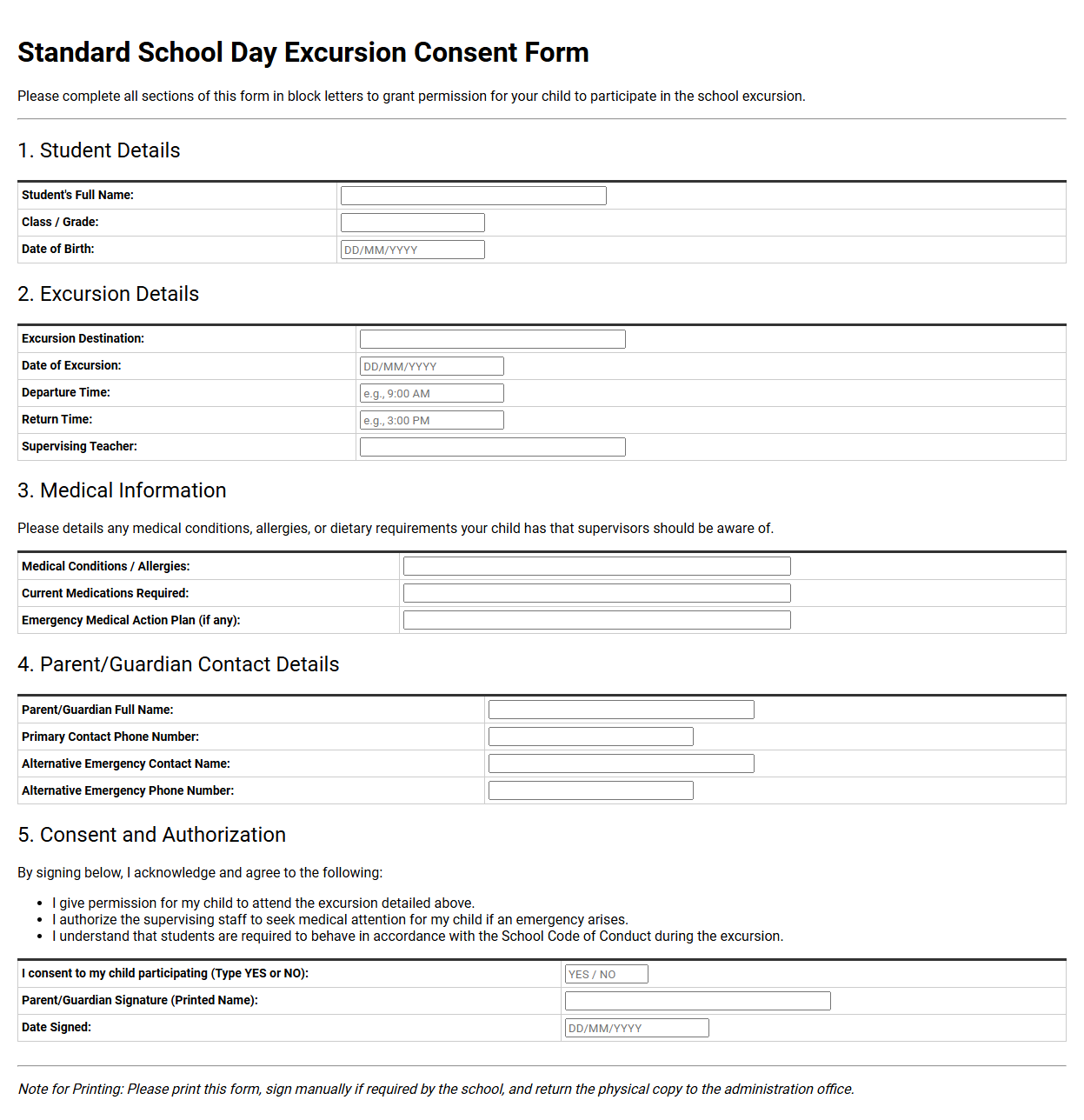 Standard School Day Excursion Consent Form