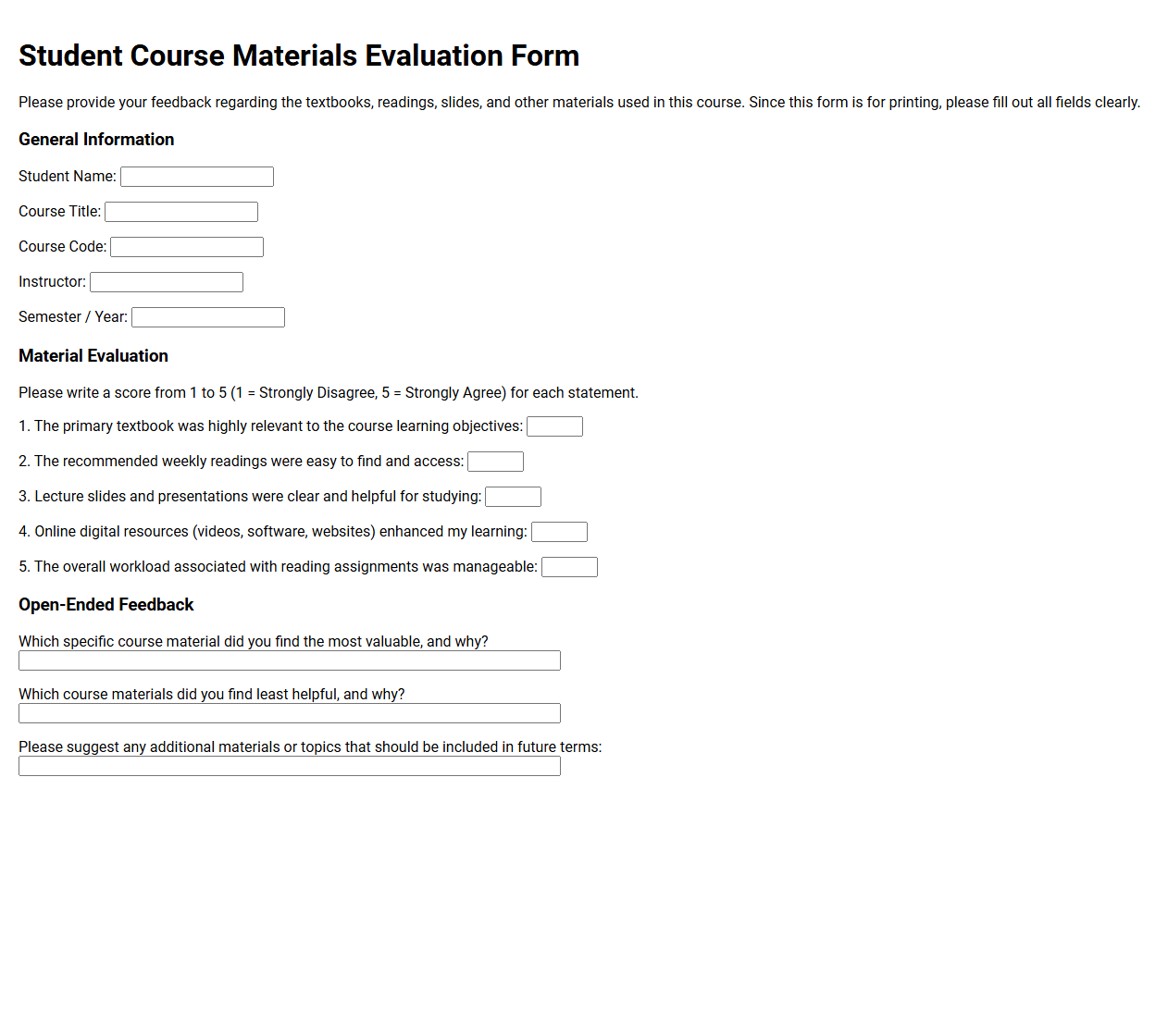Student Course Materials Evaluation Form