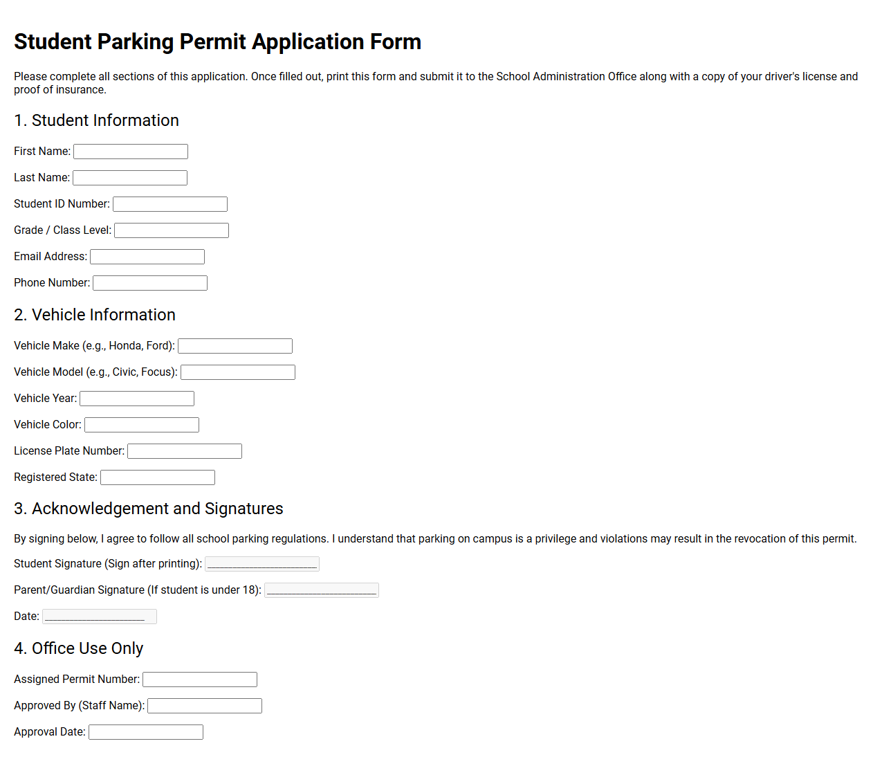 Student Parking Permit Application Form