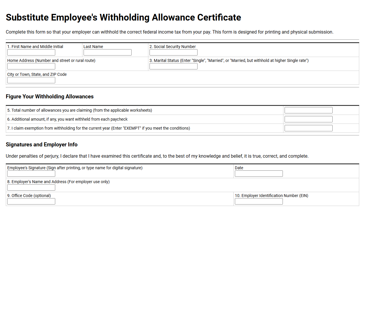 Substitute Employee Withholding Allowance Certificate Form