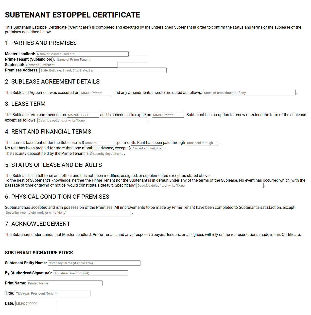 Subtenant Estoppel Certificate Template