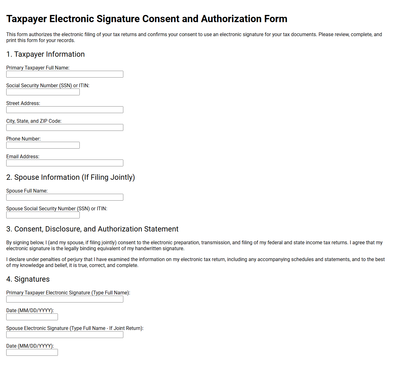 Taxpayer Electronic Signature Consent and Authorization Form