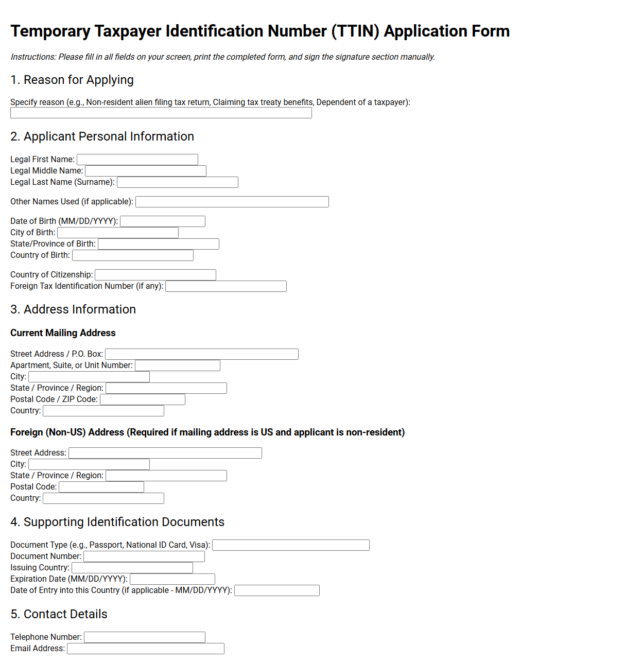Temporary Taxpayer Identification Number Application Form