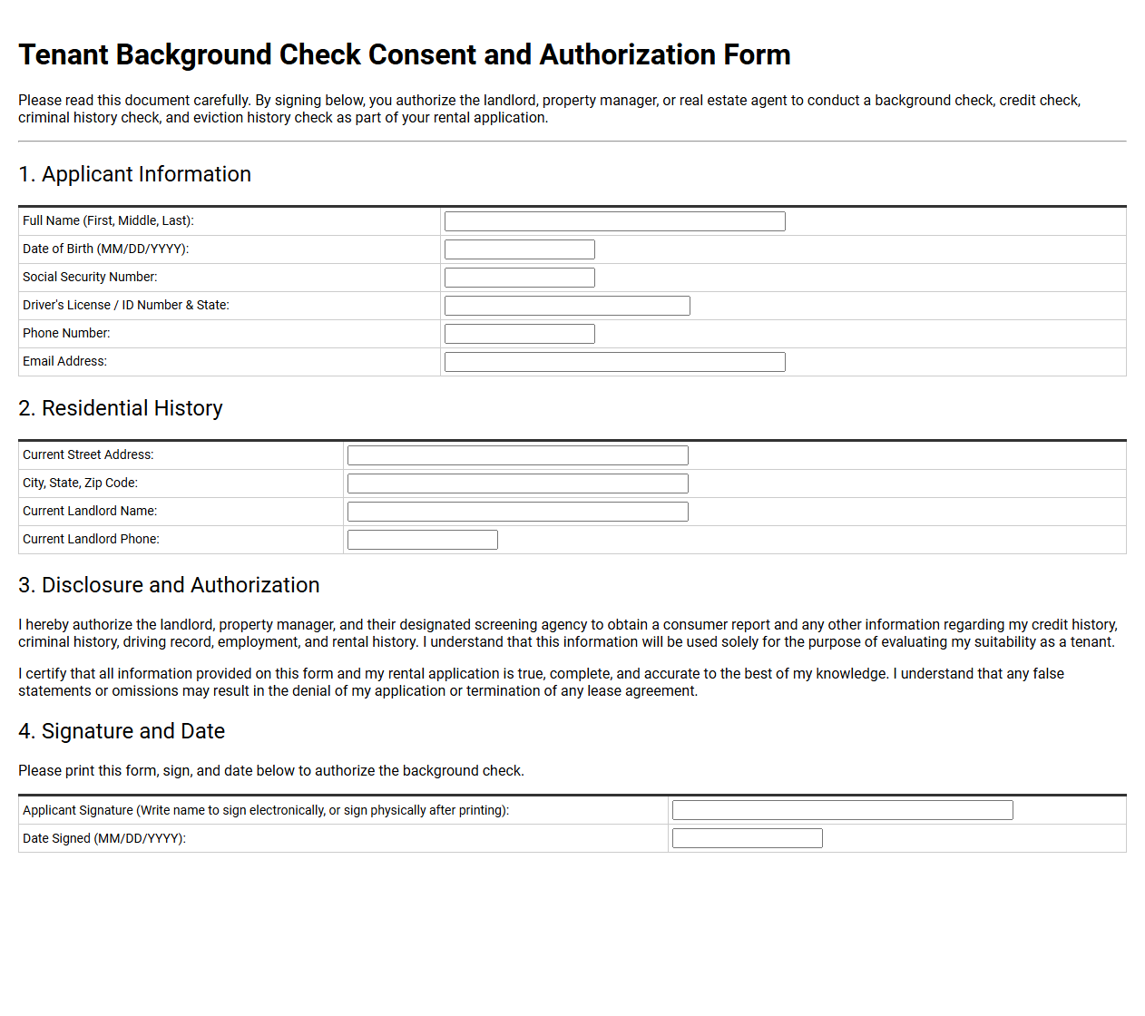 Tenant Background Check Consent and Authorization Form