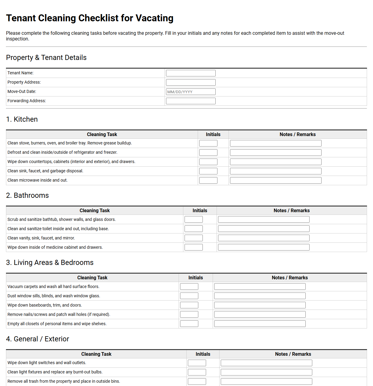 Tenant Cleaning Checklist for Vacating
