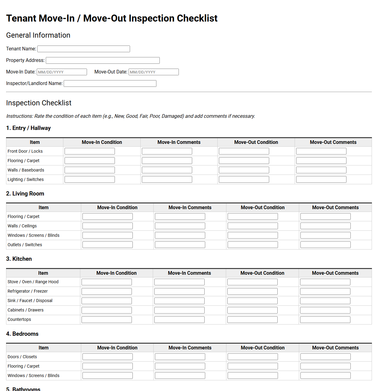 Tenant Move In Move Out Inspection Checklist