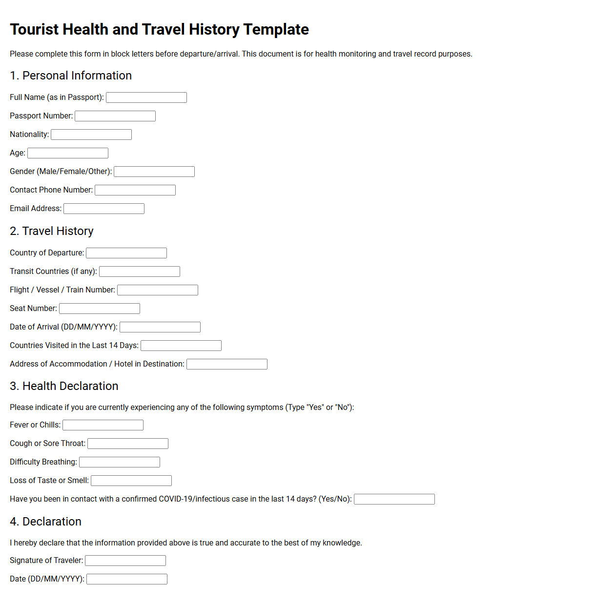 Tourist Health and Travel History Template