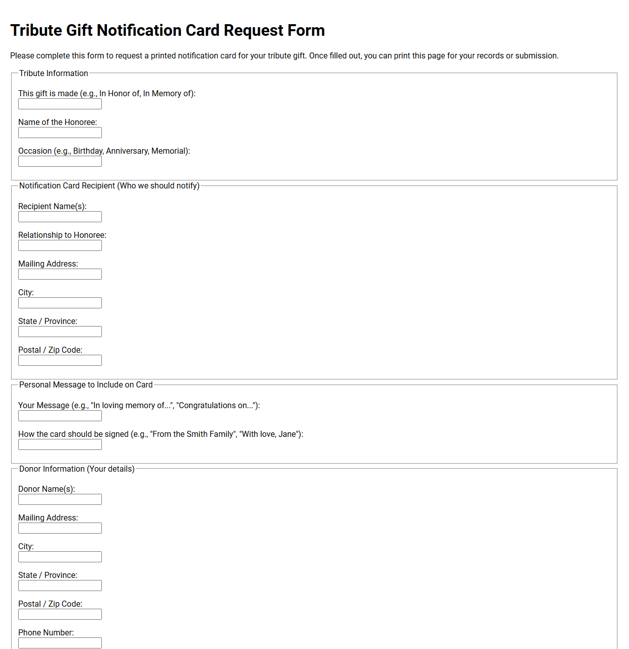 Tribute Gift Notification Card Request Form
