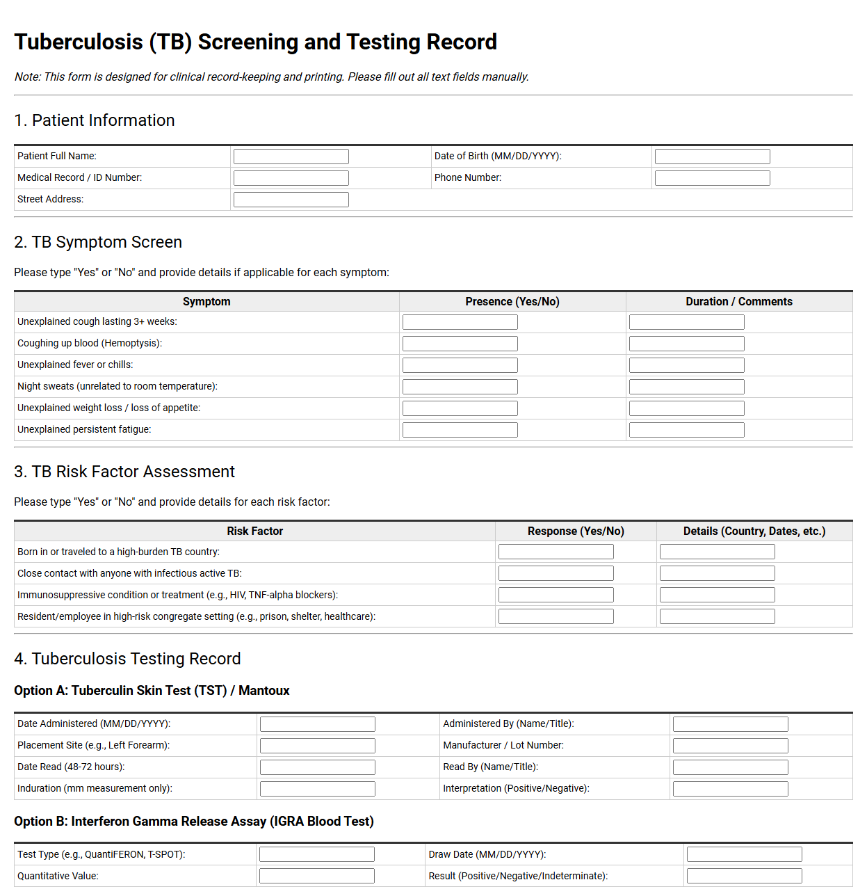 Tuberculosis Screening and Testing Record