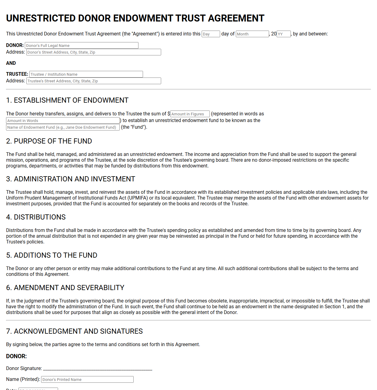 Unrestricted Donor Endowment Trust Agreement Template