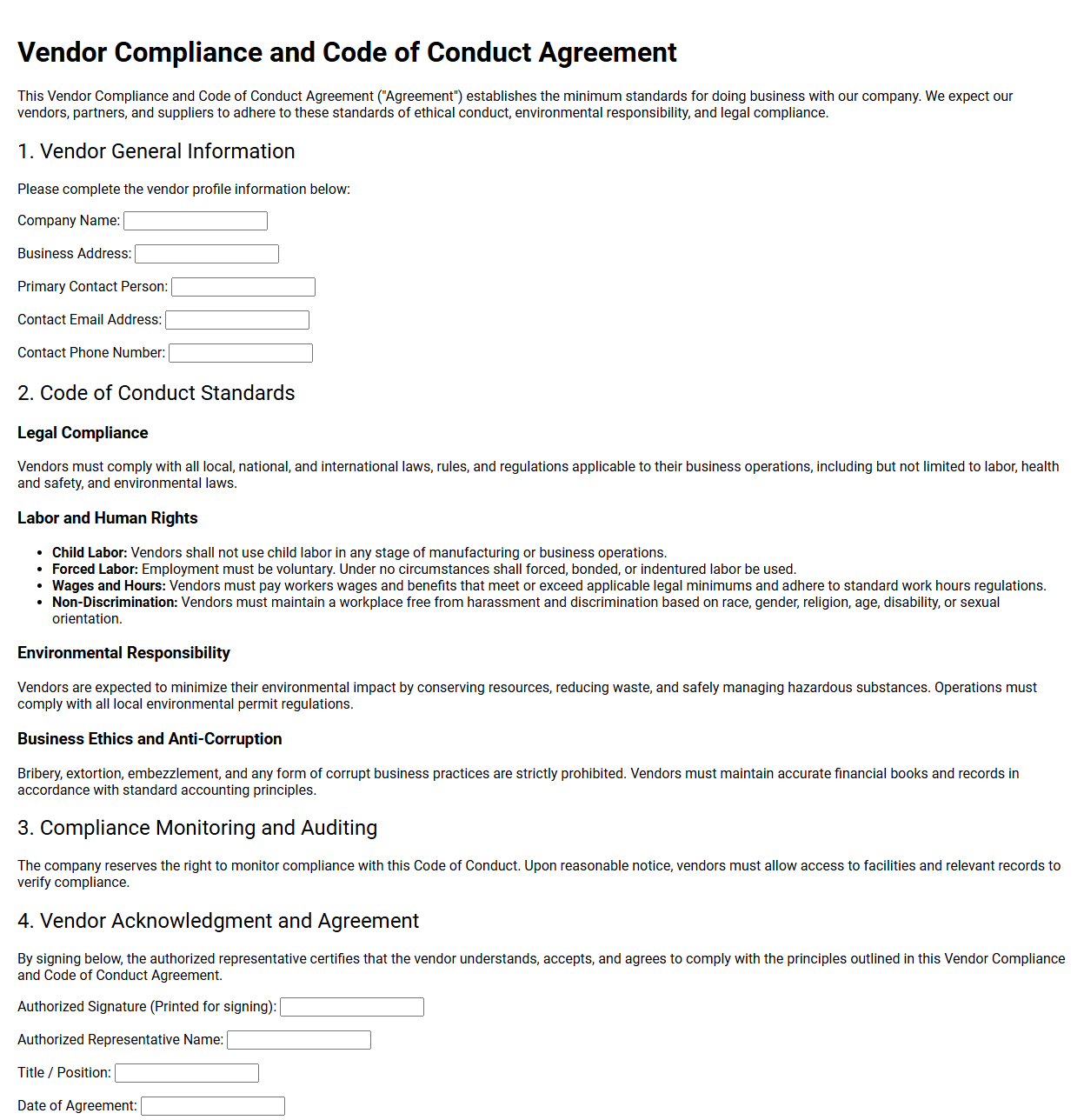 Vendor Compliance and Code of Conduct Agreement