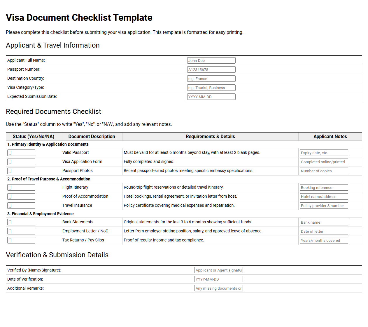 Visa Document Checklist Template