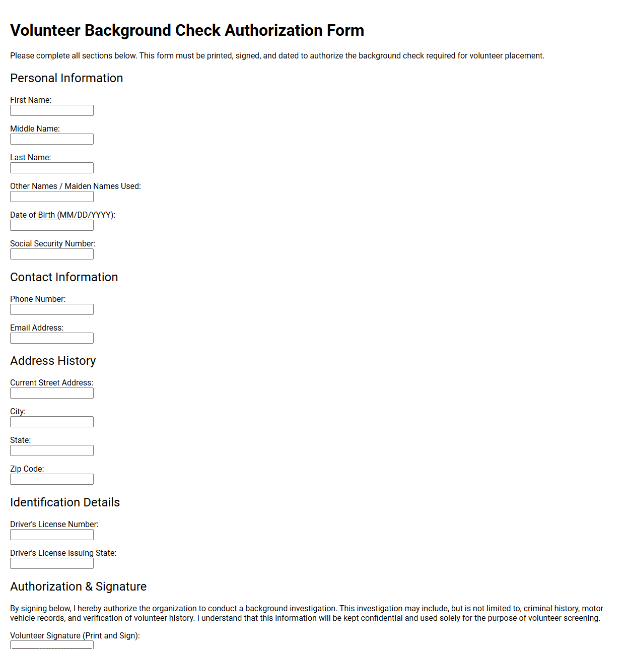 Volunteer Background Check Authorization Form
