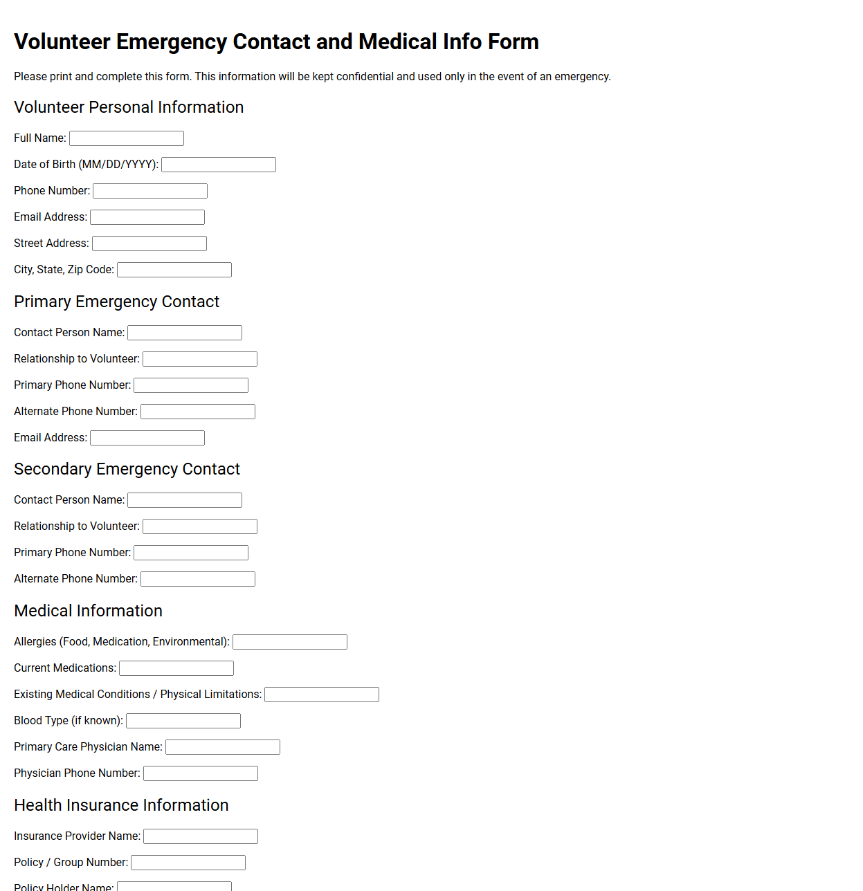 Volunteer Emergency Contact and Medical Info Form