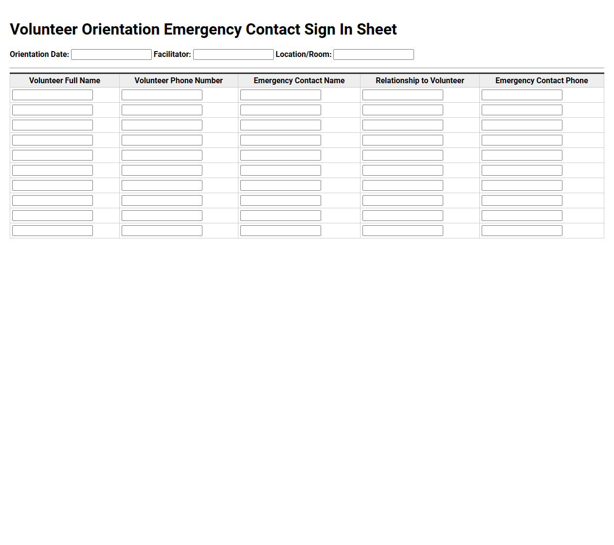 Volunteer Orientation Emergency Contact Sign In Sheet
