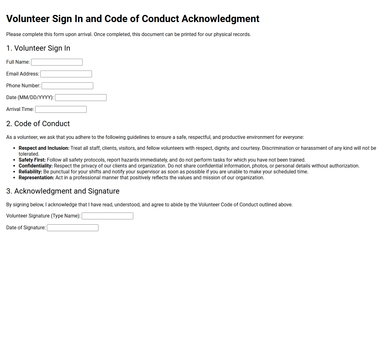 Volunteer Sign In and Code of Conduct Acknowledgment