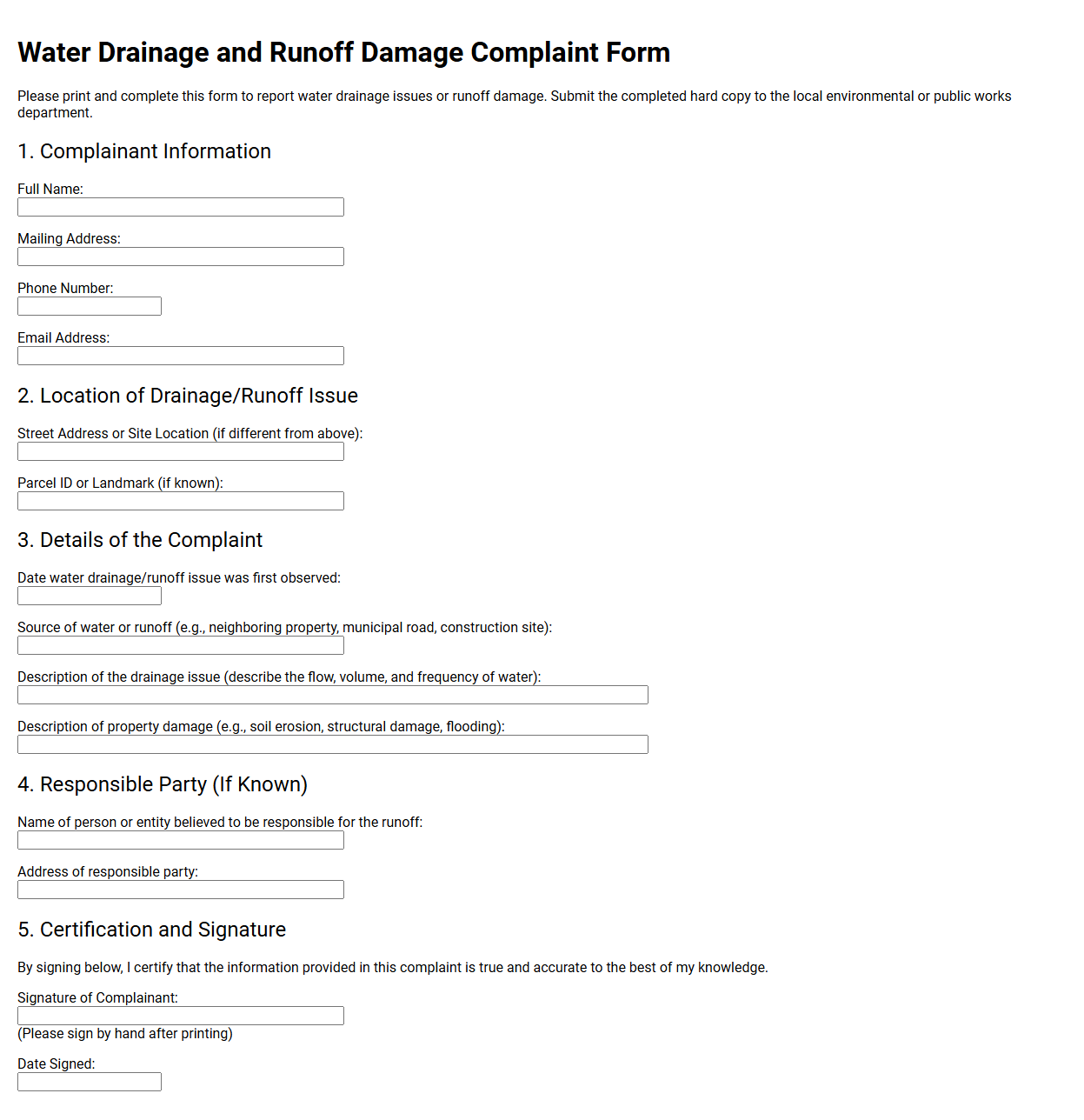 Water Drainage and Runoff Damage Complaint Form