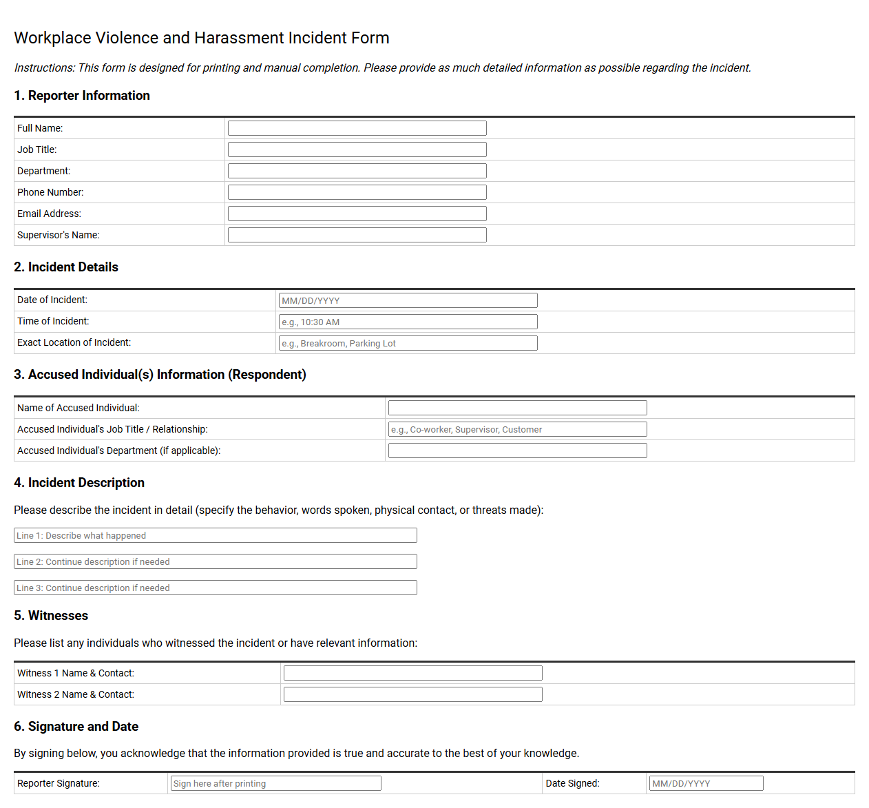 Workplace Violence and Harassment Incident Form
