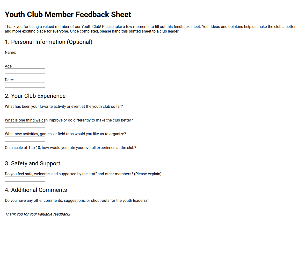 Youth Club Member Feedback Sheet