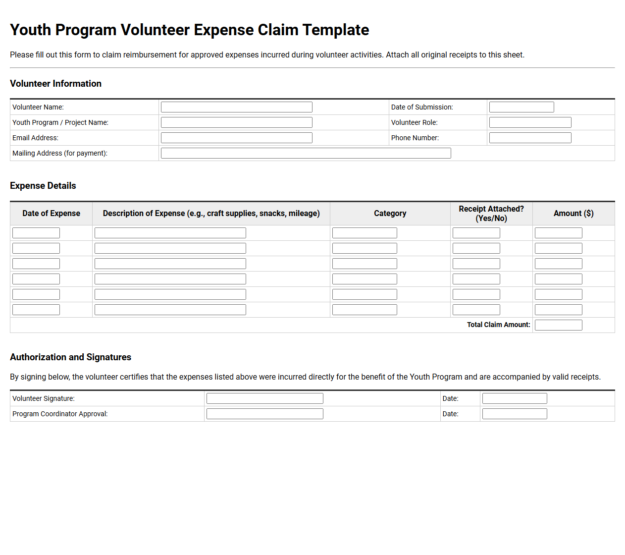 Youth Program Volunteer Expense Claim Template