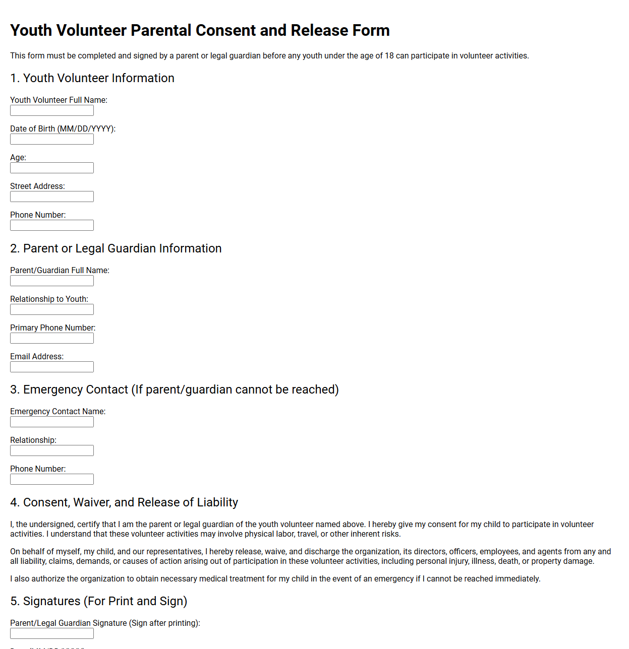 Youth Volunteer Parental Consent and Release Form