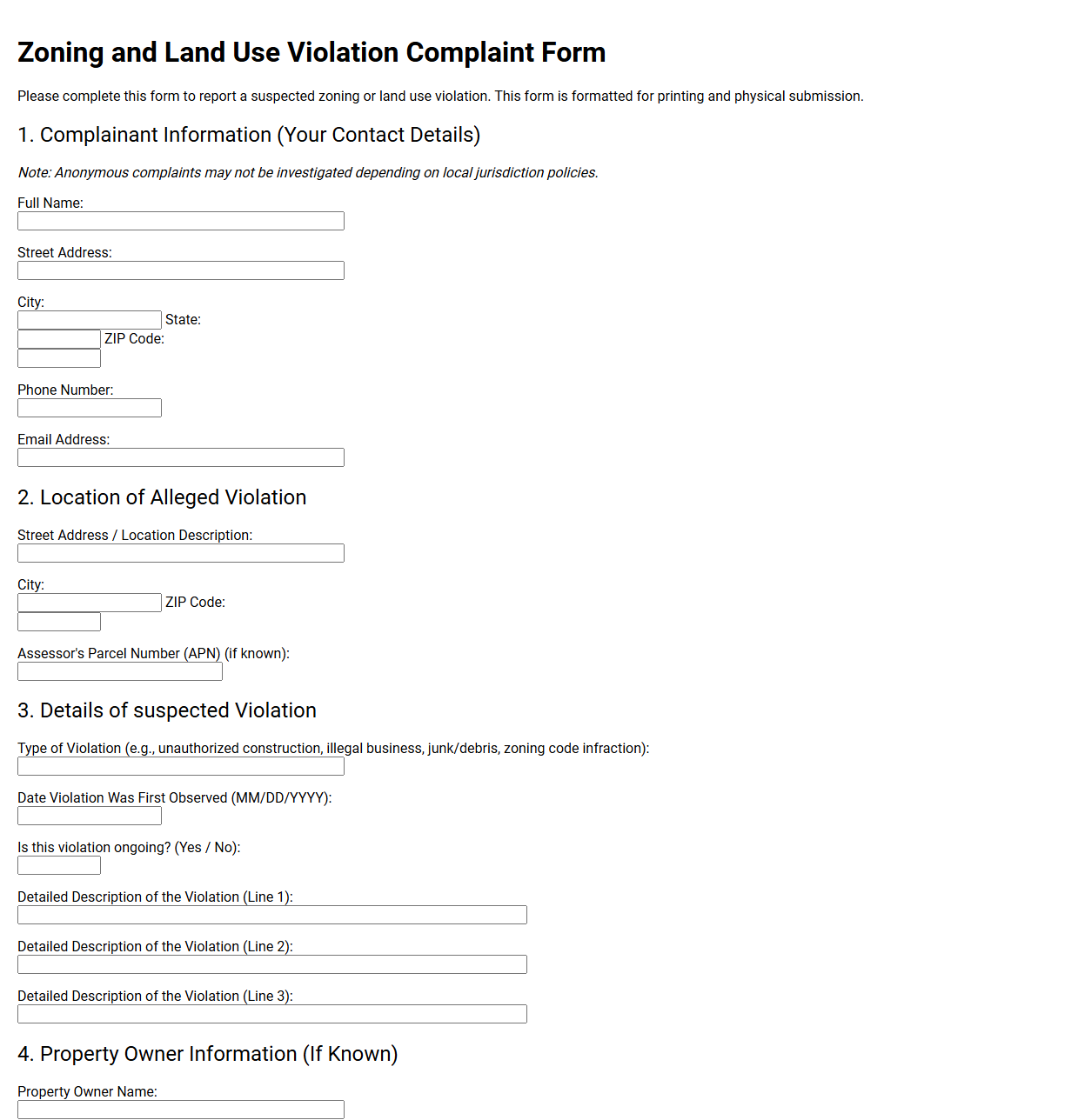 Zoning and Land Use Violation Complaint Form
