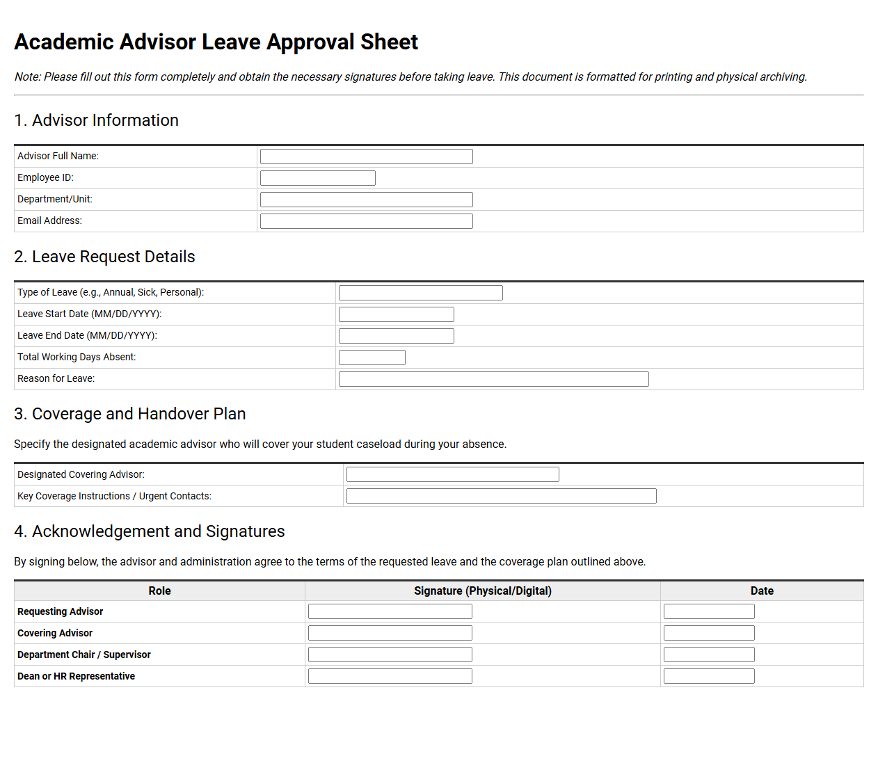 Academic Advisor Leave Approval Sheet