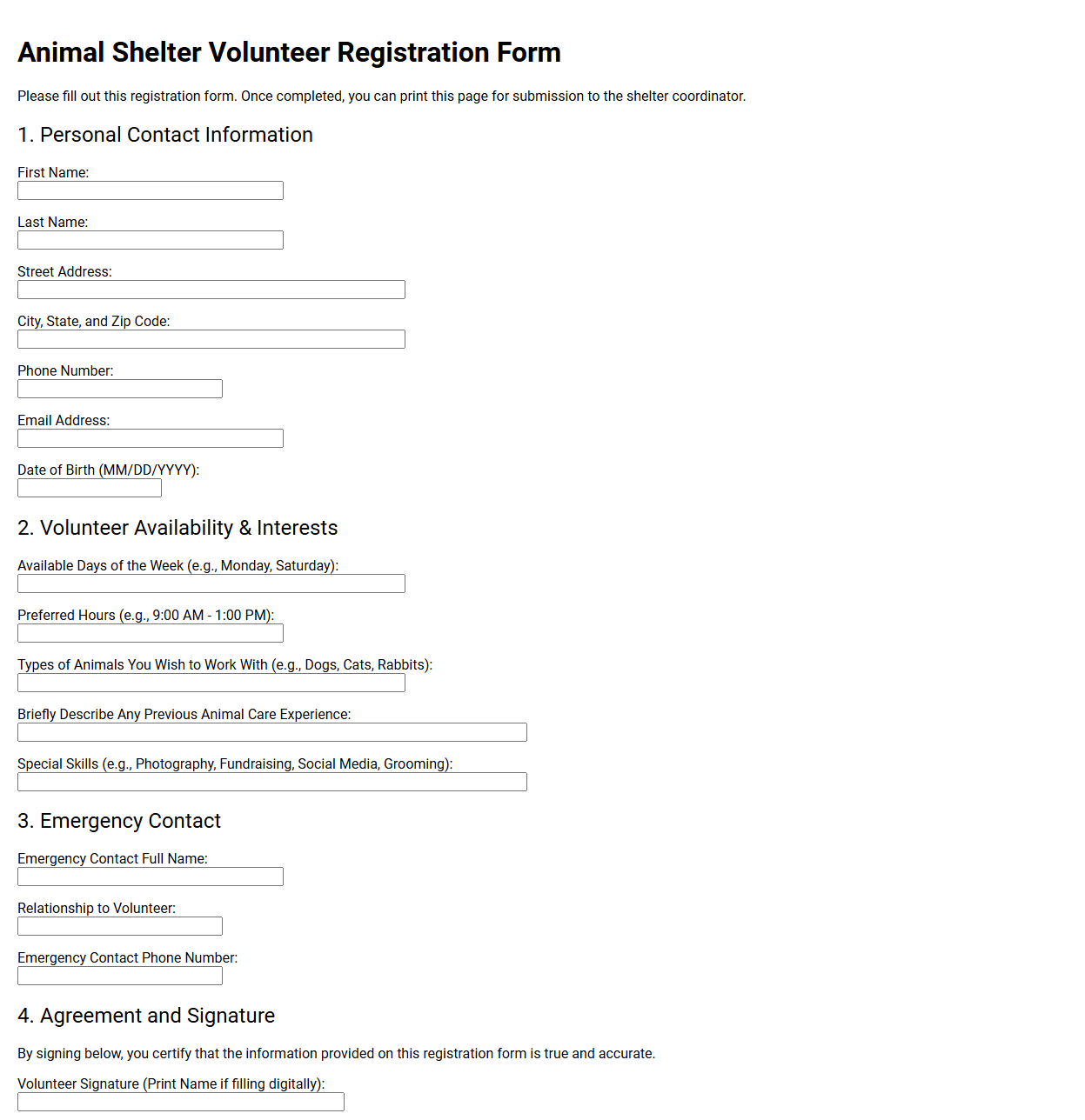 Animal Shelter Volunteer Registration Form