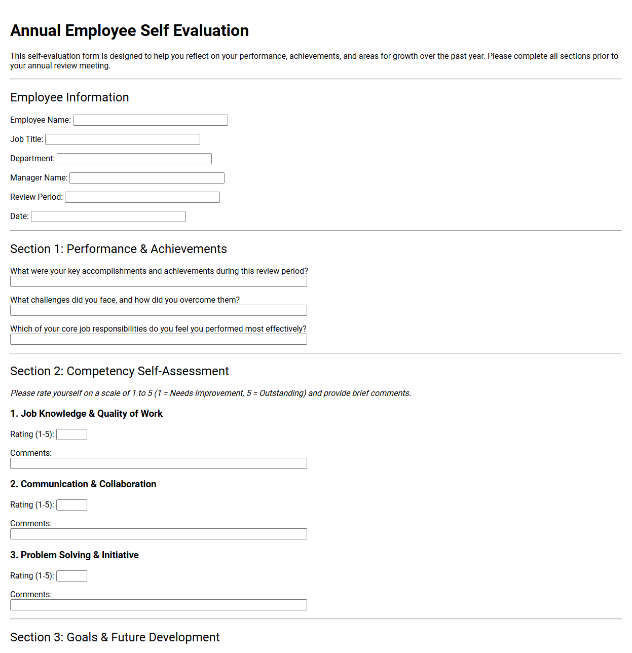 Annual Employee Self Evaluation Template