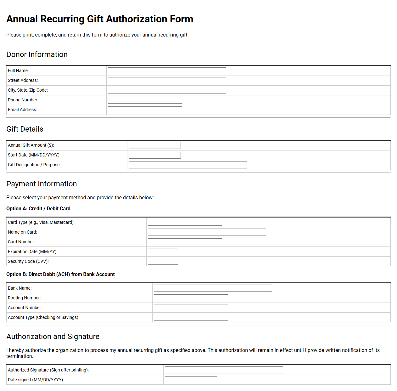 Annual Recurring Gift Authorization Form
