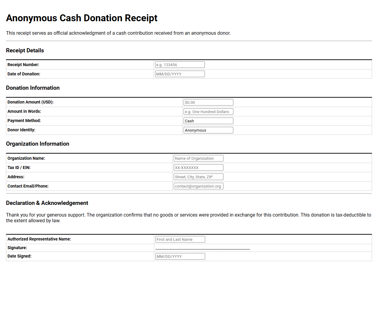 Anonymous Cash Donation Receipt Template