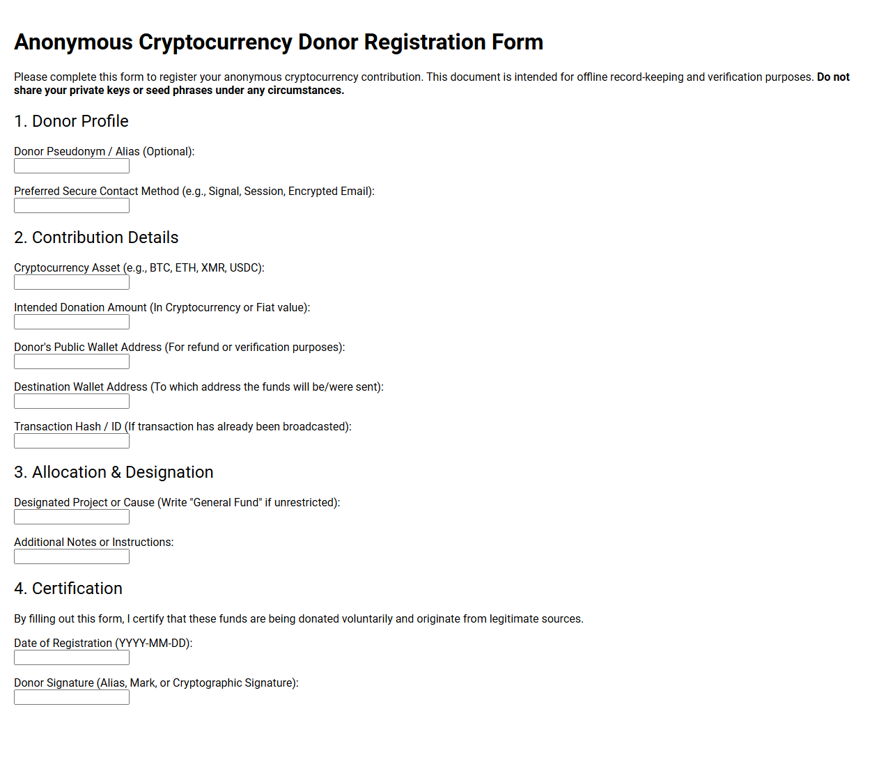 Anonymous Cryptocurrency Donor Registration Form