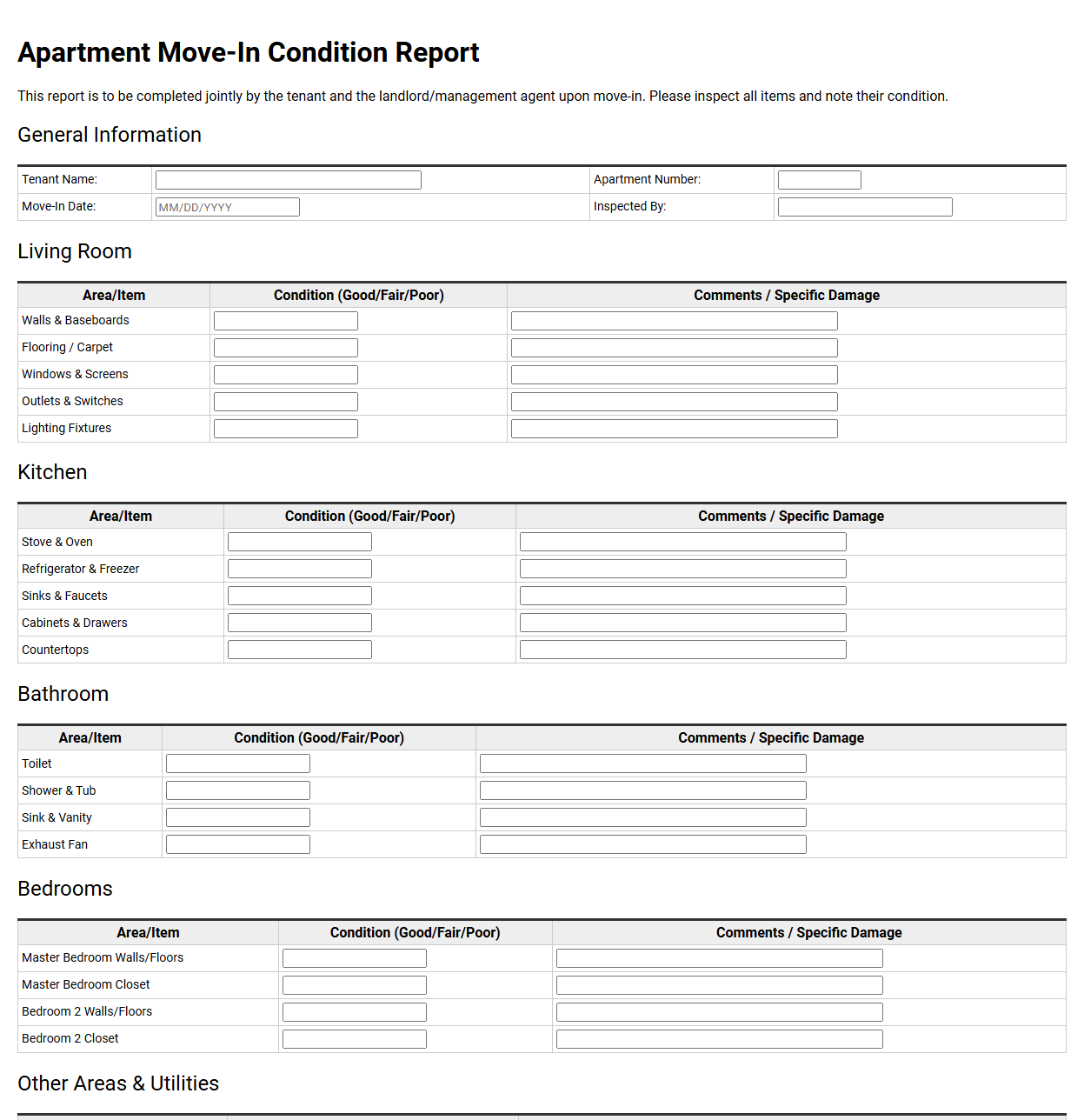 Apartment Move In Condition Report