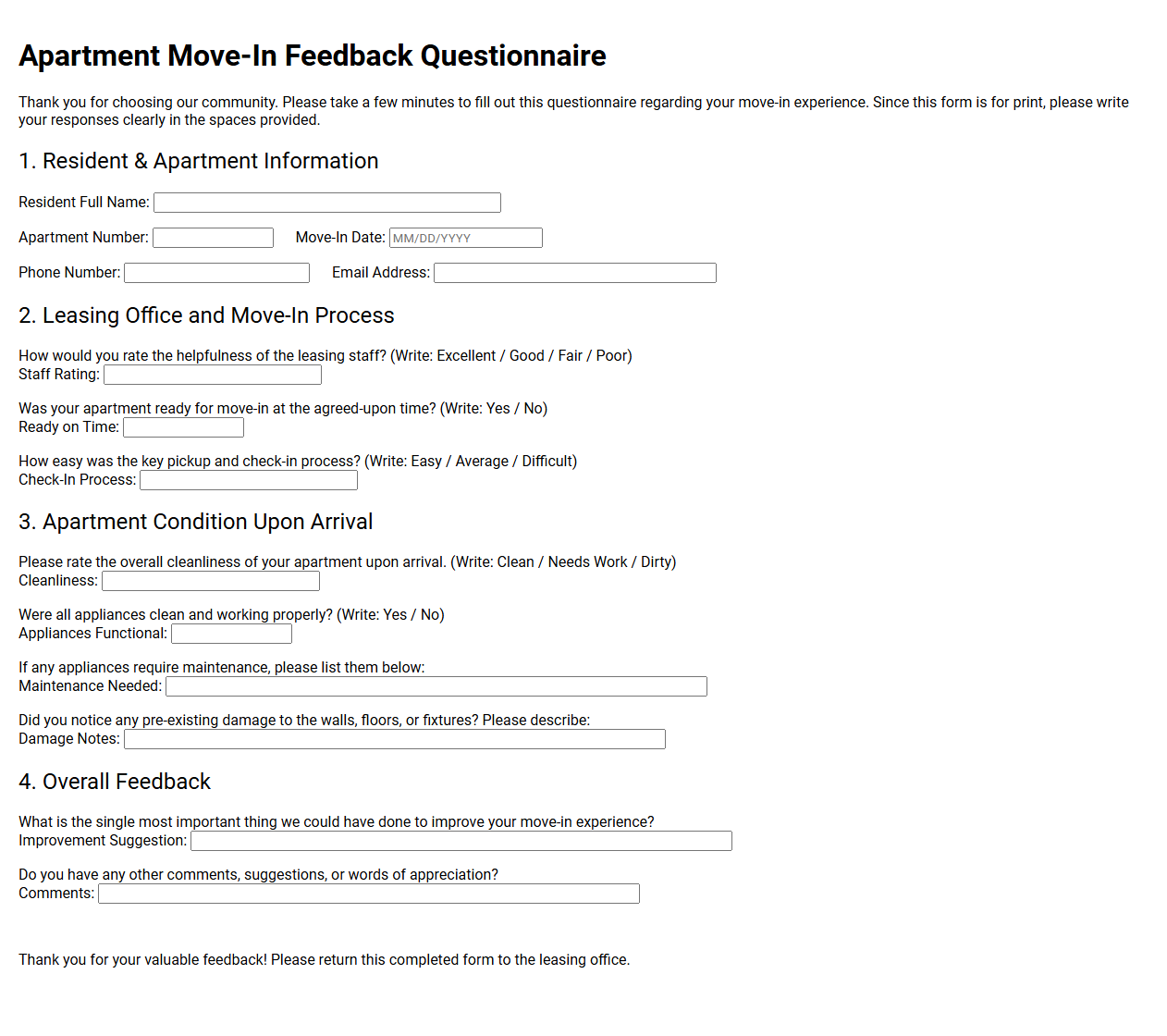 Apartment Move-In Feedback Questionnaire