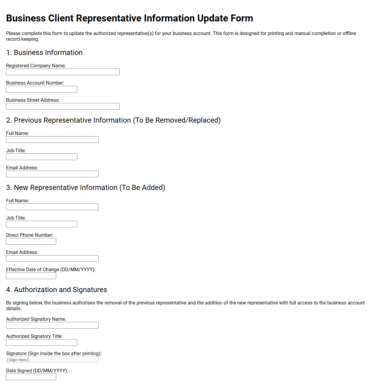 Business Client Representative Information Update Form