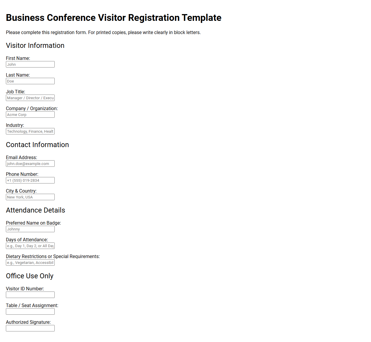 Business Conference Visitor Registration Template