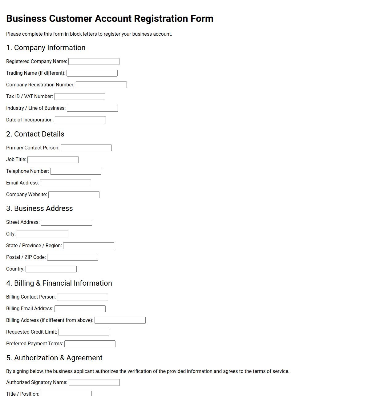 Business Customer Account Registration Form