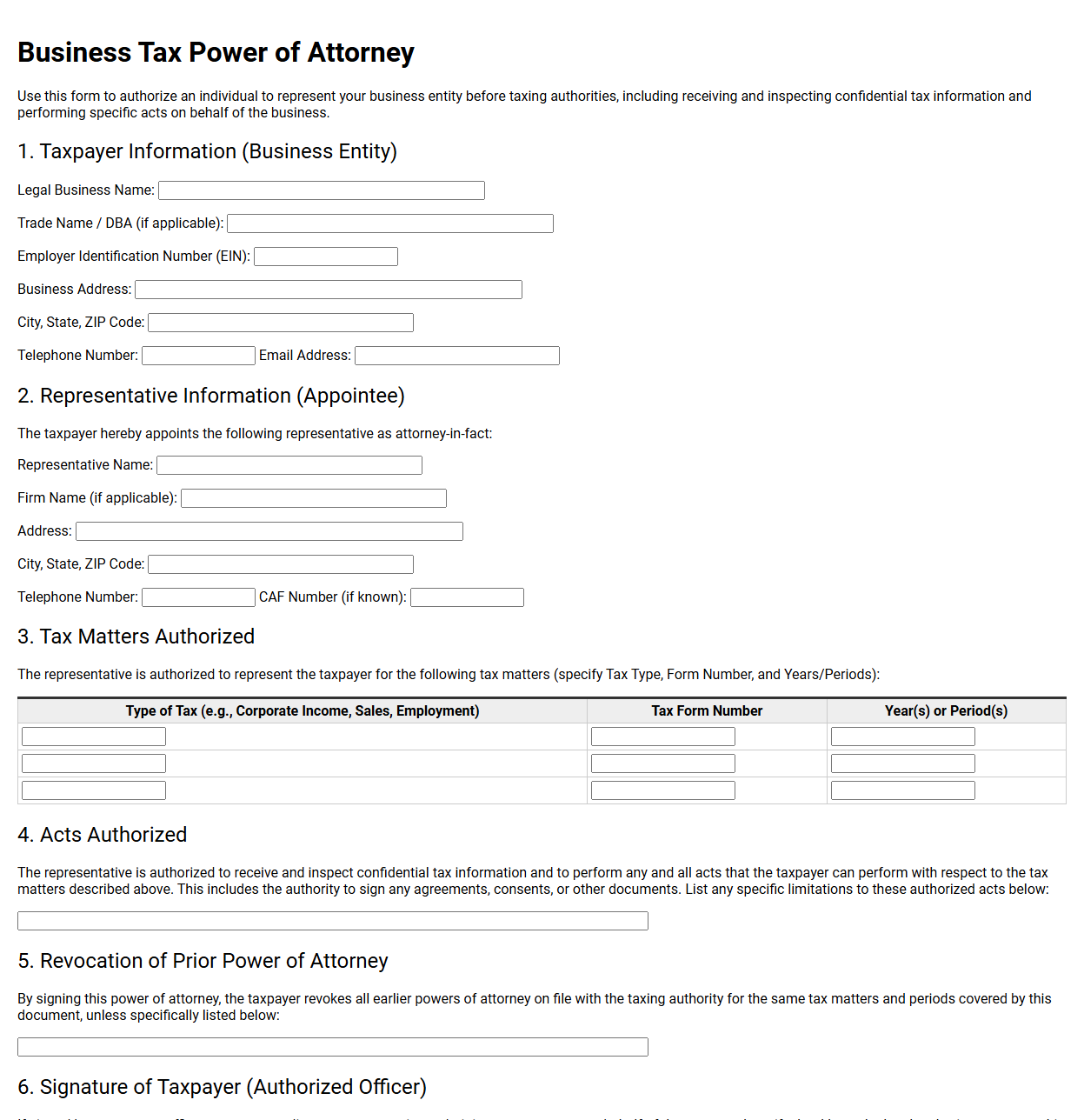 Business Tax Power of Attorney Template