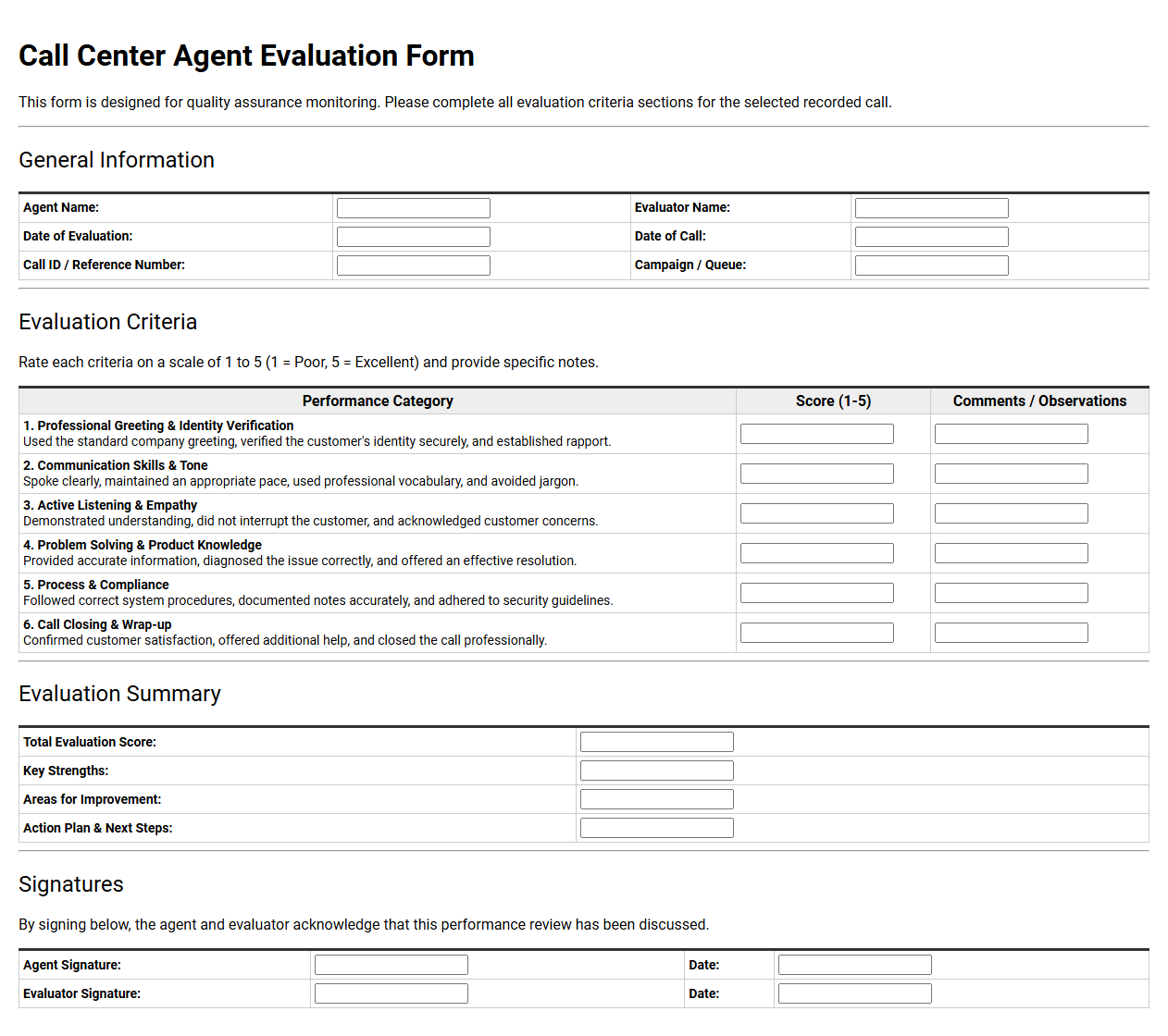 Call Center Agent Evaluation Form