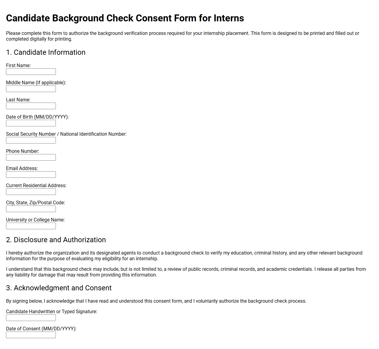 Candidate Background Check Consent Form for Interns