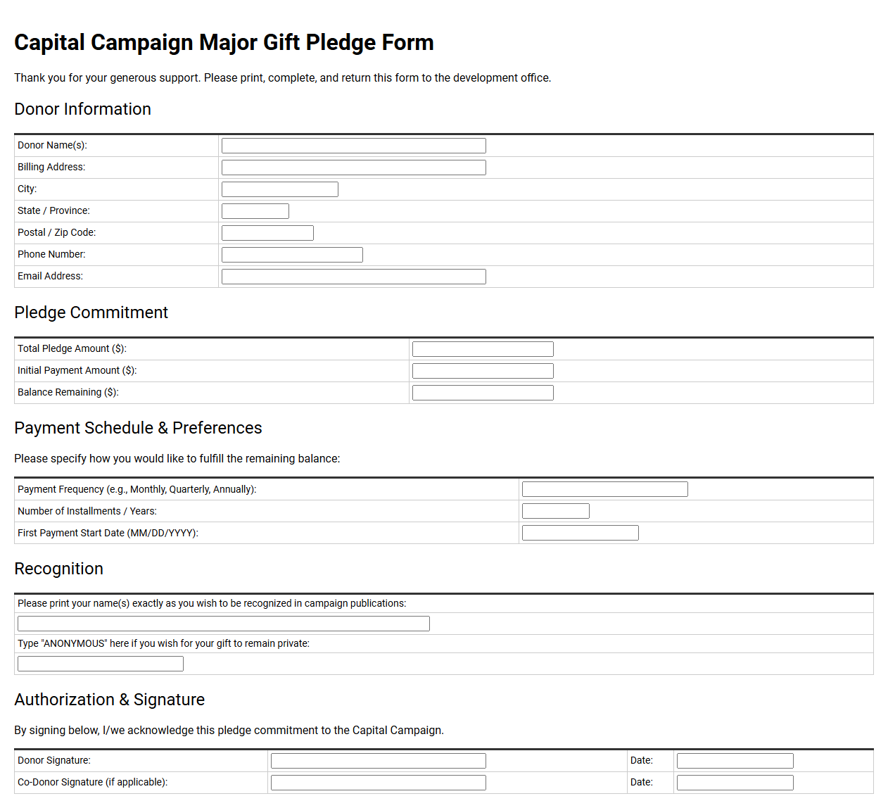 Capital Campaign Major Gift Pledge Form