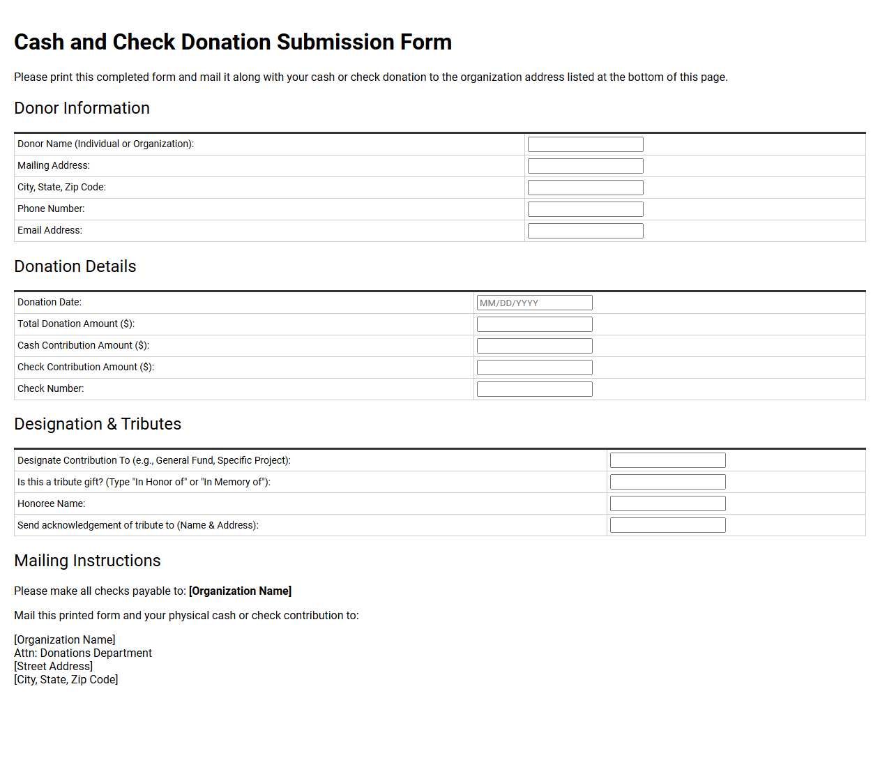 Cash and Check Donation Submission Form